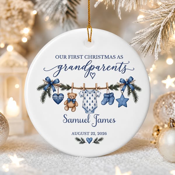 Christmas First Grandparents-Personalized Ceramic Ornament, Personalized Baby Name Clothesline Souvenir, Christmas Ornament