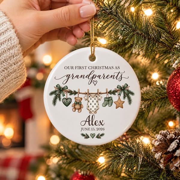 Christmas First Grandparents-Personalized Ceramic Ornament, Personalized Baby Name Clothesline Souvenir, Christmas Ornament