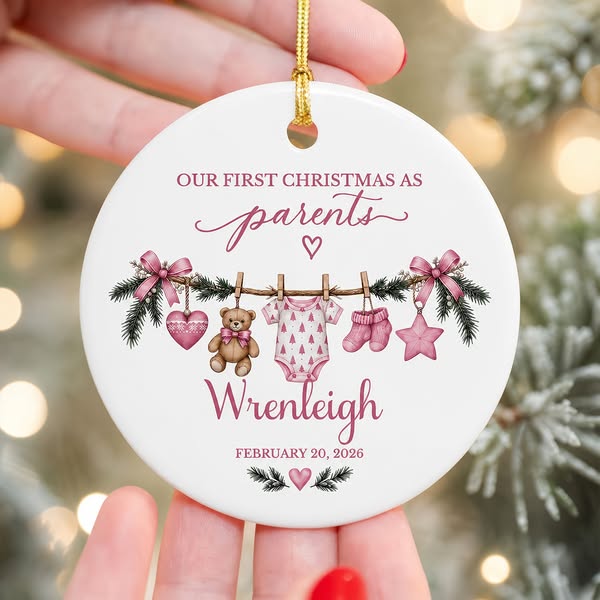 Christmas First Grandparents-Personalized Ceramic Ornament, Personalized Baby Name Clothesline Souvenir, Christmas Ornament
