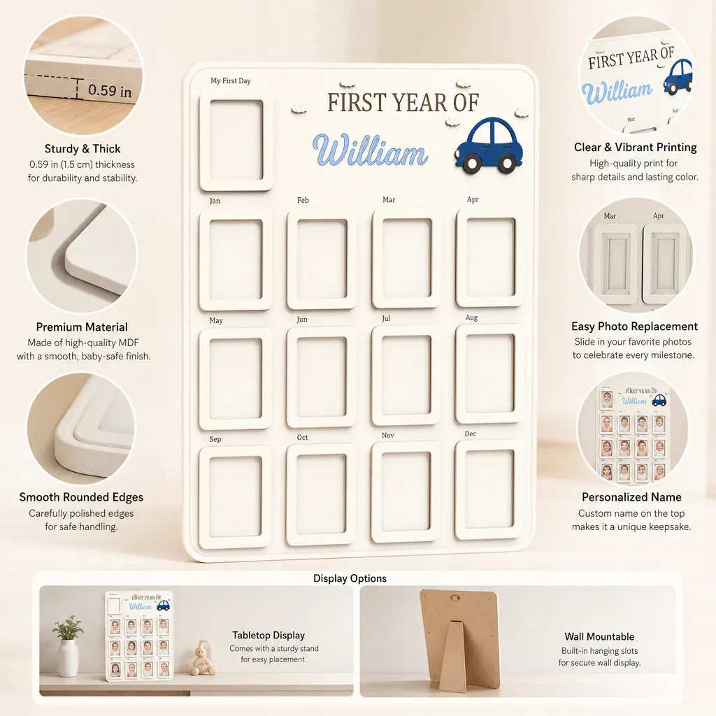Little Blue Car – Personalized Baby’s First Year Photo Frame