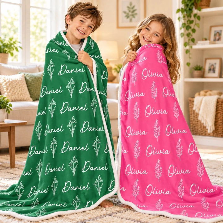 Custom Name Flower Blanket for Kids – Soft Flannel Blanket with Repeating Floral Design