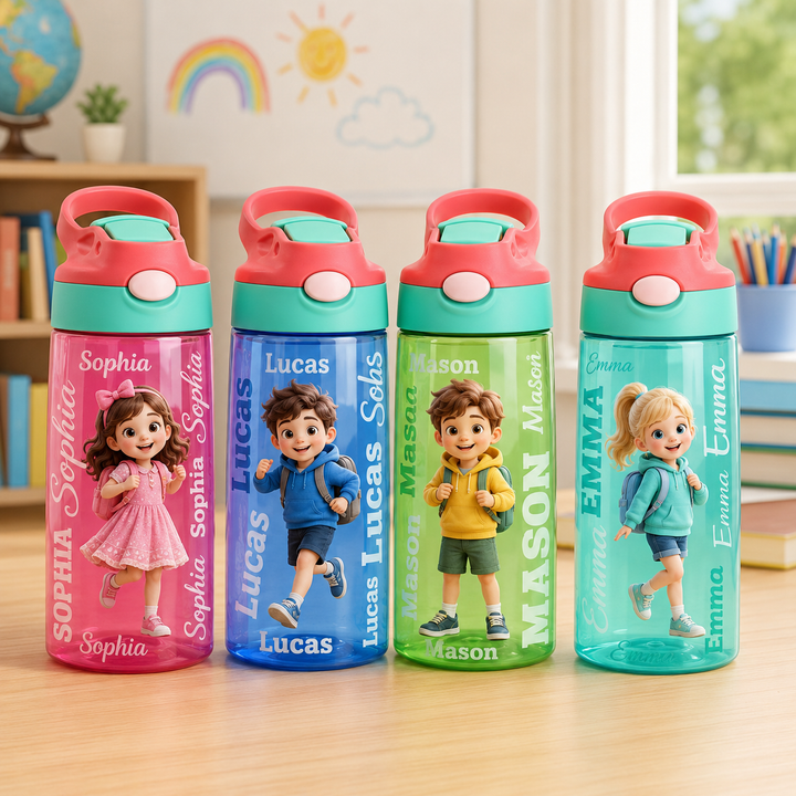 Personalized Cartoon Kids Water Bottle – Custom Name 16oz School Bottle
