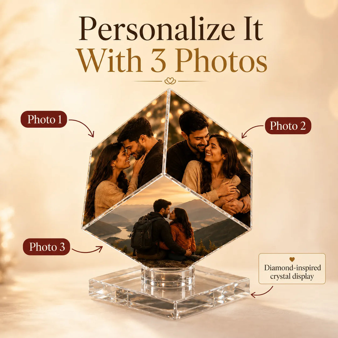 Custom 3-Photo Crystal Diamond Keepsake – Personalized Romantic Photo Display Gift for Couples