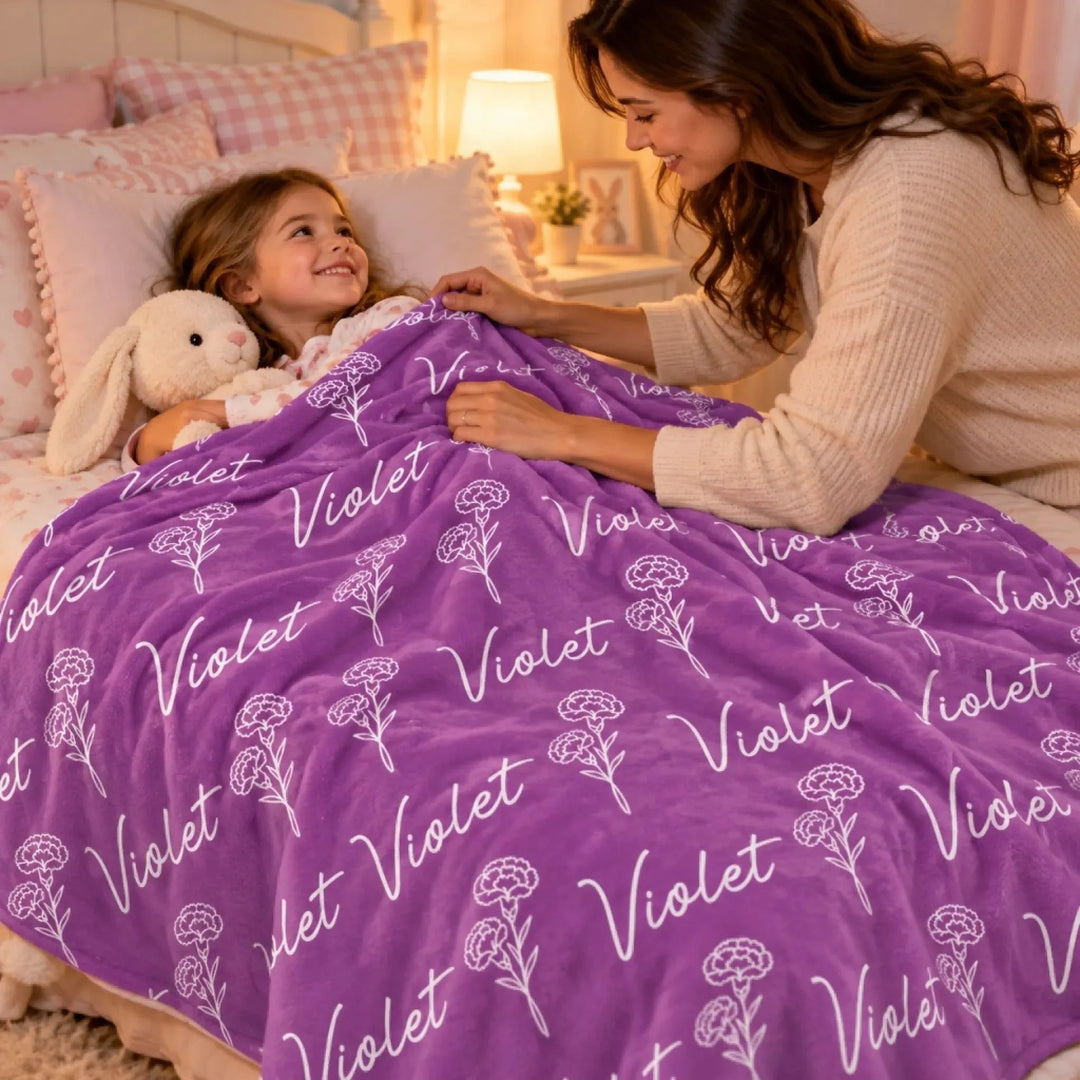 Custom Name Flower Blanket for Kids – Soft Flannel Blanket with Repeating Floral Design
