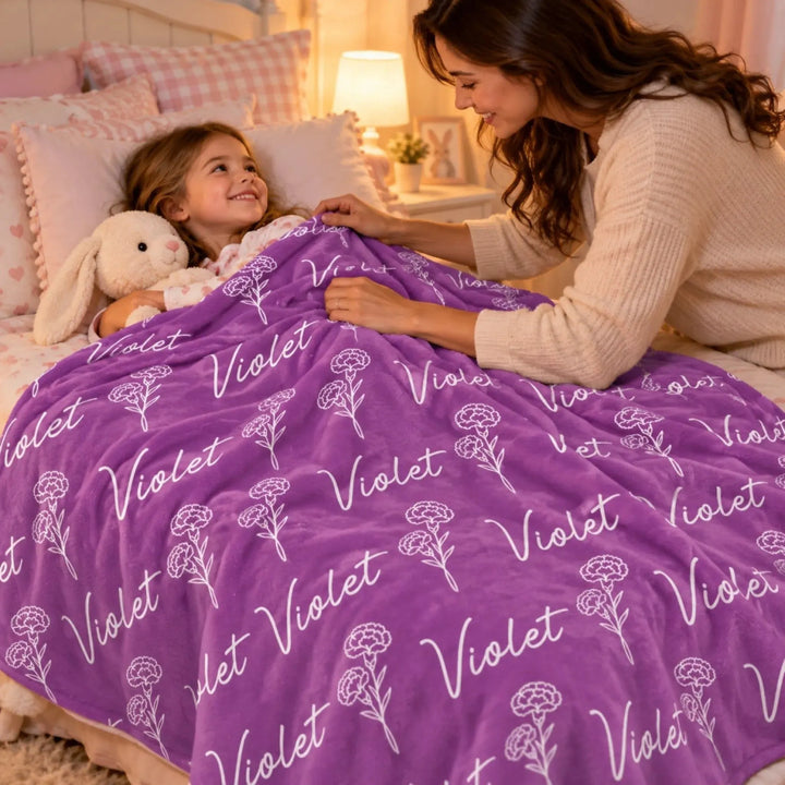 Custom Name Flower Blanket for Kids – Soft Flannel Blanket with Repeating Floral Design