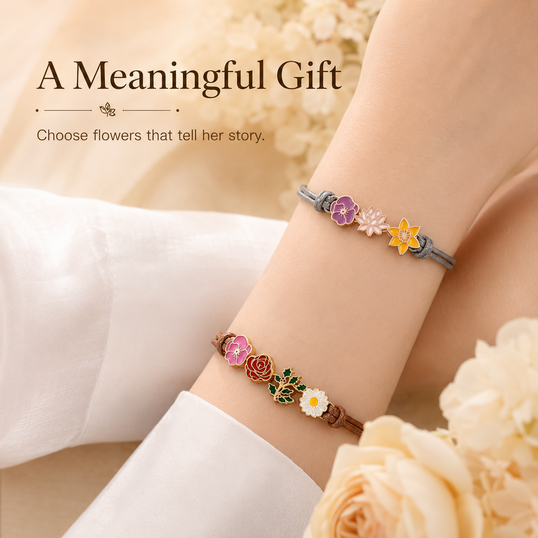 Personalized Birth Flower Bracelet for Mom – Custom Family Flower Bracelet with 1–8 Flowers