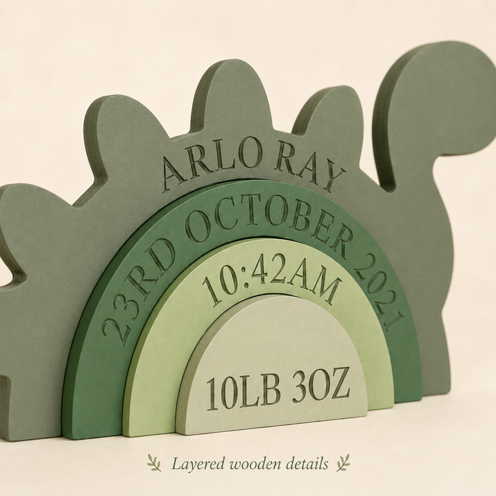 Personalized Dinosaur Birth Stats Wooden Stack – Custom Baby Name, Date, Time & Weight Keepsake Nursery Decor