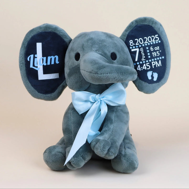 Personalized Baby Elephant Plush – Custom Newborn Birth Details Keepsake Gift