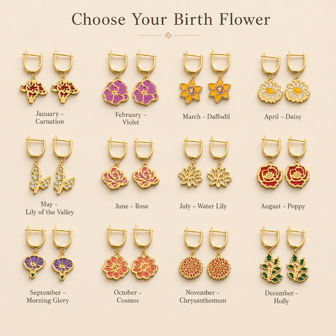 Personalized Birth Flower Dangle Earrings - Custom Birth Month Flower