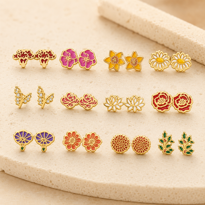 Personalized Birth Flower Stud Earrings for Her