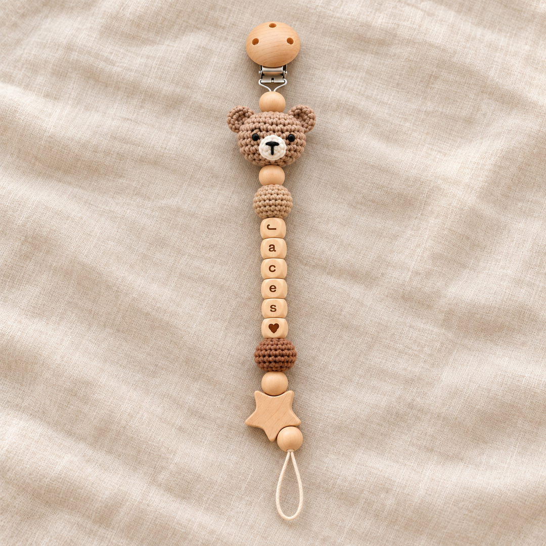 Personalized Crochet Animal Pacifier Clip – Custom Baby Name Gift