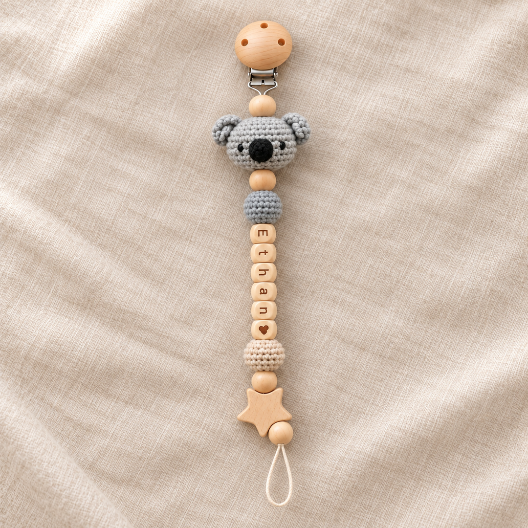 Personalized Crochet Animal Pacifier Clip – Custom Baby Name Gift