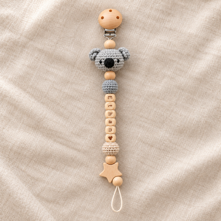 Personalized Crochet Animal Pacifier Clip – Custom Baby Name Gift