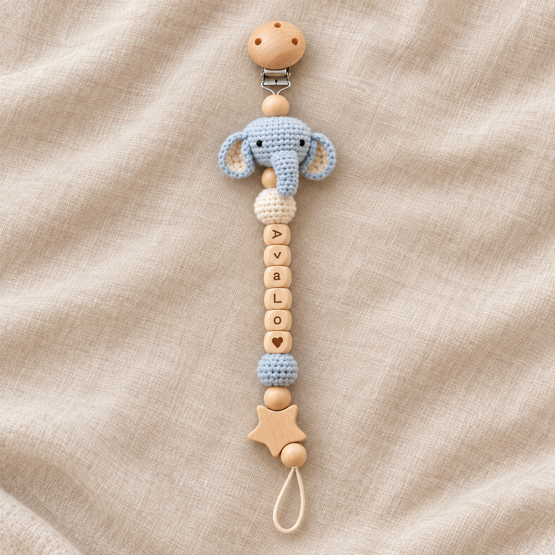 Personalized Crochet Animal Pacifier Clip – Custom Baby Name Gift