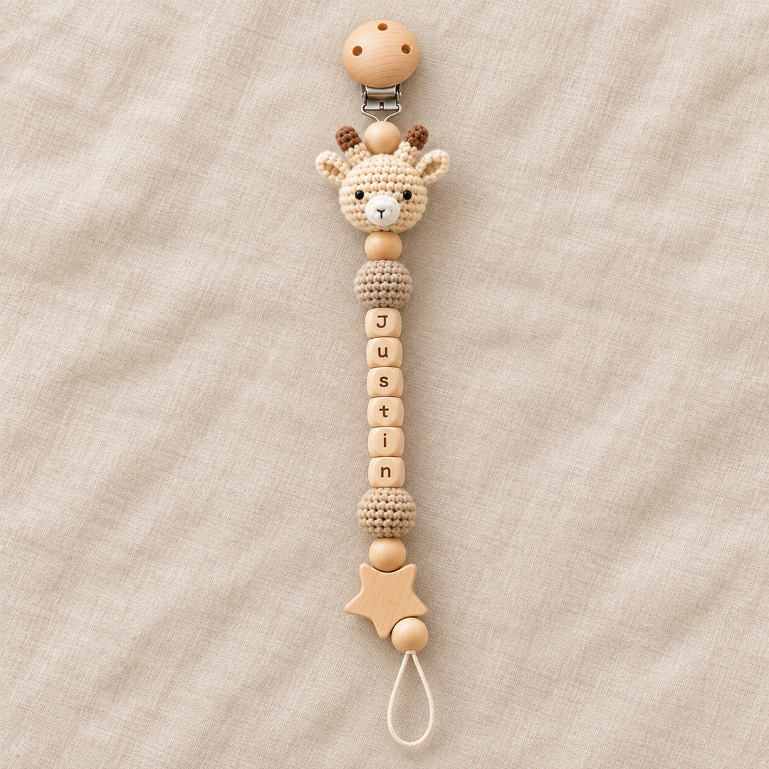 Personalized Crochet Animal Pacifier Clip – Custom Baby Name Gift