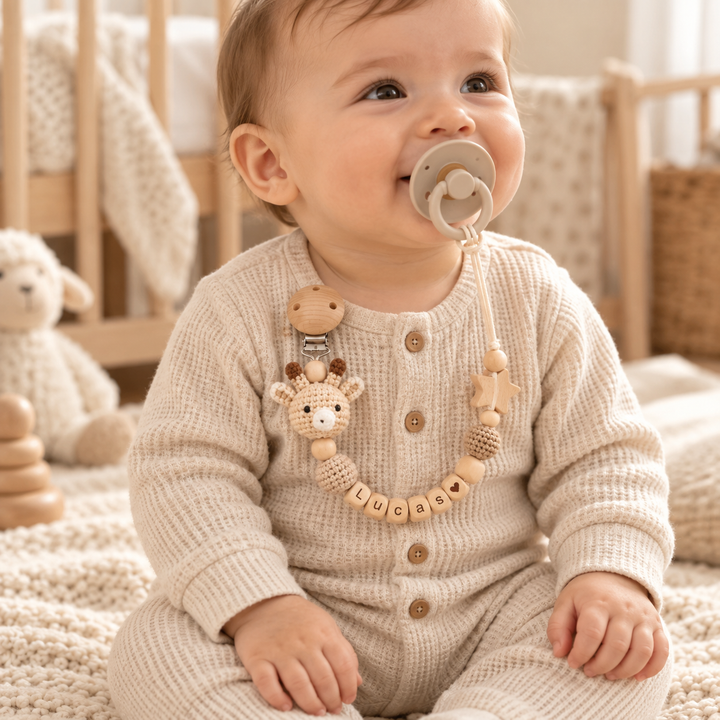 Personalized Crochet Animal Pacifier Clip – Custom Baby Name Gift
