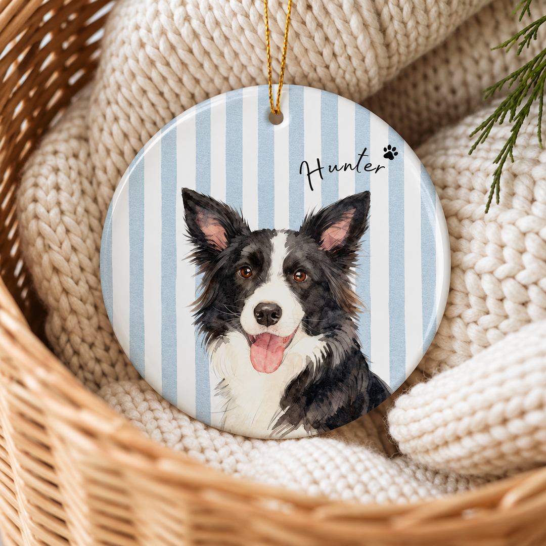 Personalized Pet Portrait Christmas Ornament – Custom Name & Striped Color Design, Double-Sided Print