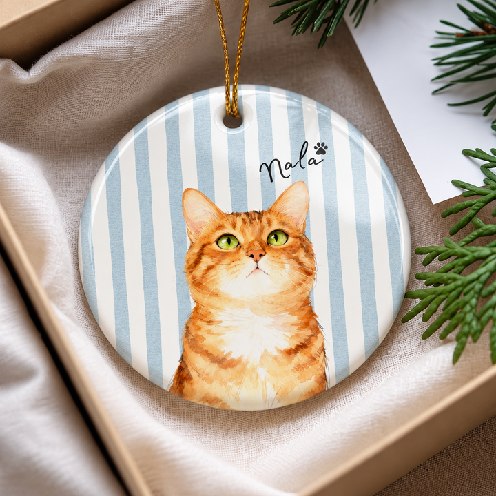 Personalized Pet Portrait Christmas Ornament – Custom Name & Striped Color Design, Double-Sided Print
