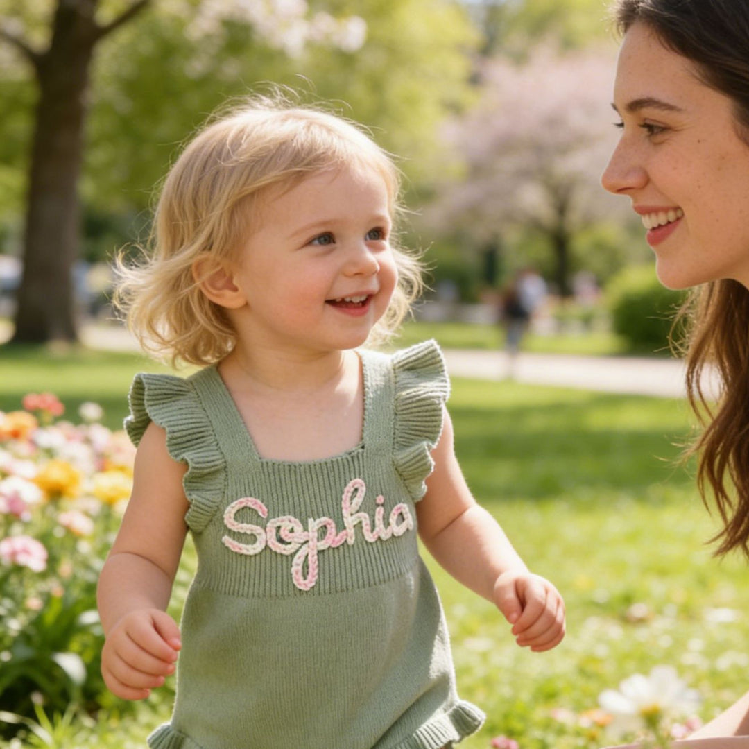 Personalized Baby Girl Knit Romper – Hand-Embroidered Name Outfit