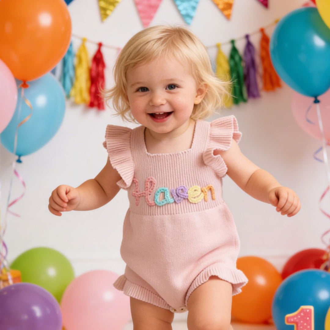 Personalized Baby Girl Knit Romper – Hand-Embroidered Name Outfit