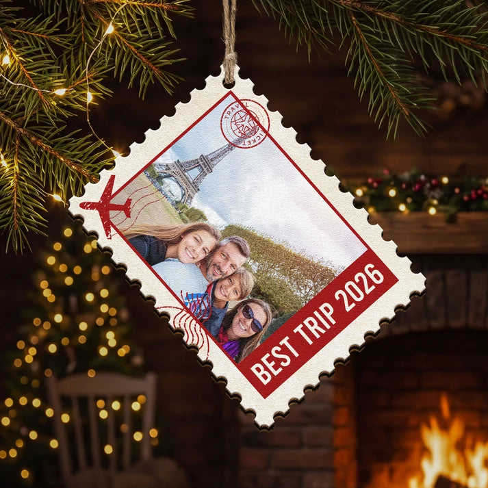 Personalized Family Photo Christmas Ornament – Postage Stamp Wooden Keepsake