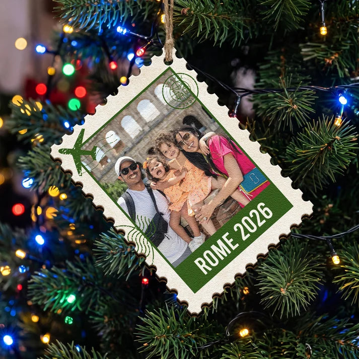 Personalized Family Photo Christmas Ornament – Postage Stamp Wooden Keepsake