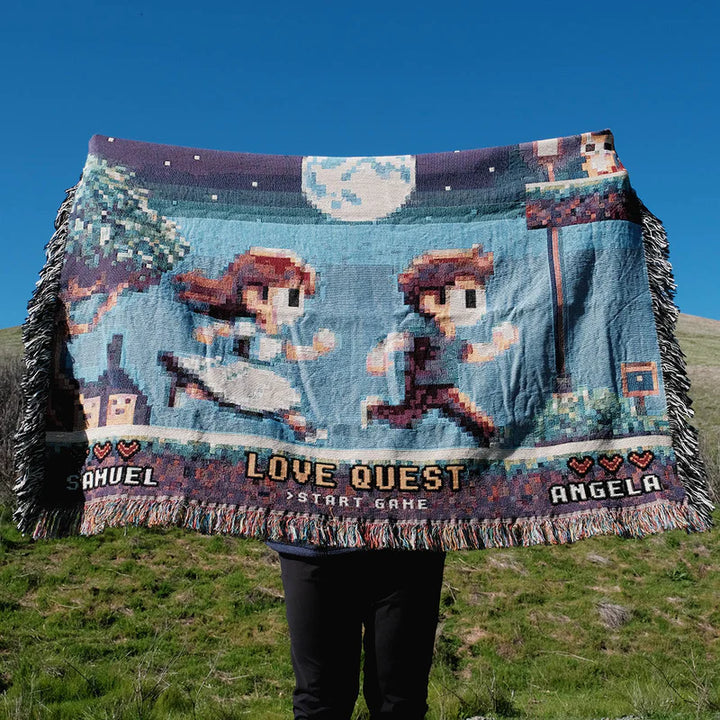 Personalized Retro 8-Bit Gaming Couple Adventure Woven Blanket – Custom Gamer Love Story Throw Blanket with Names