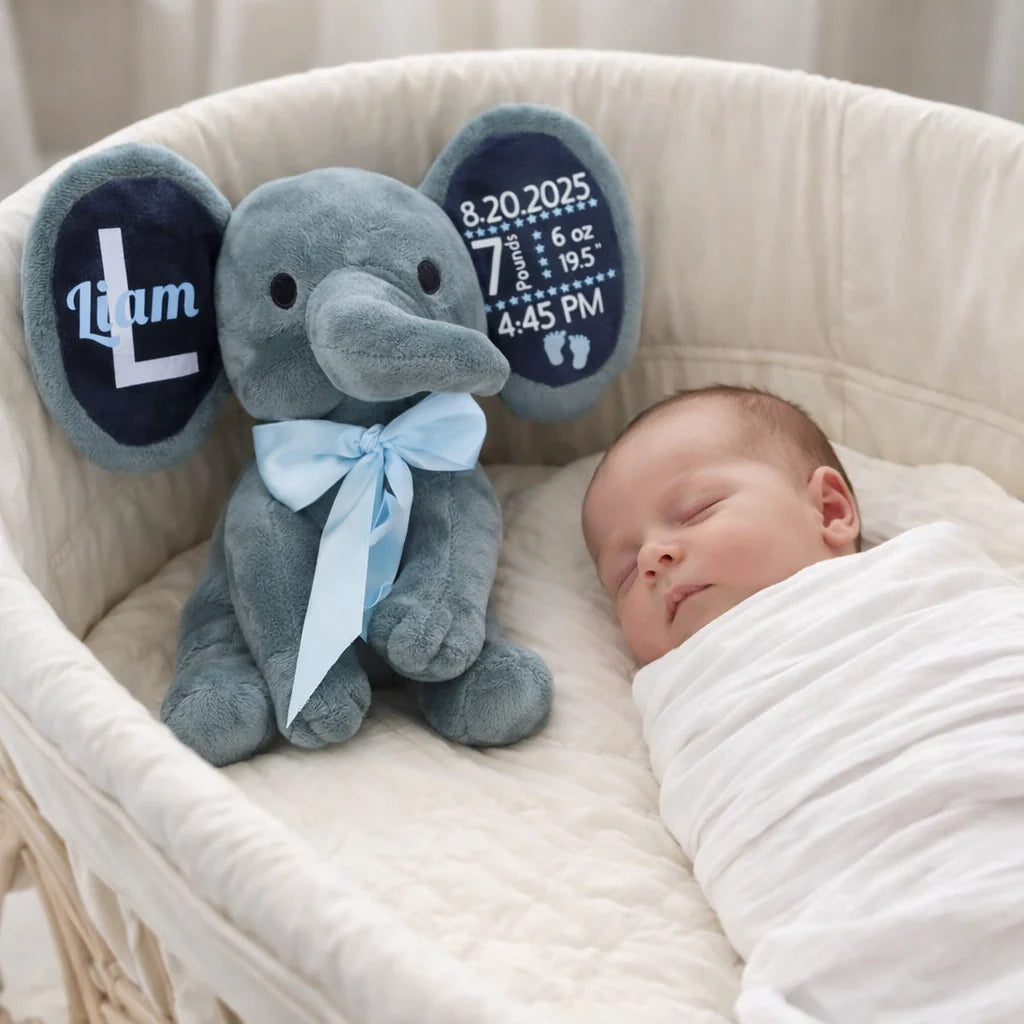 Personalized Baby Elephant Plush – Custom Newborn Birth Details Keepsake Gift