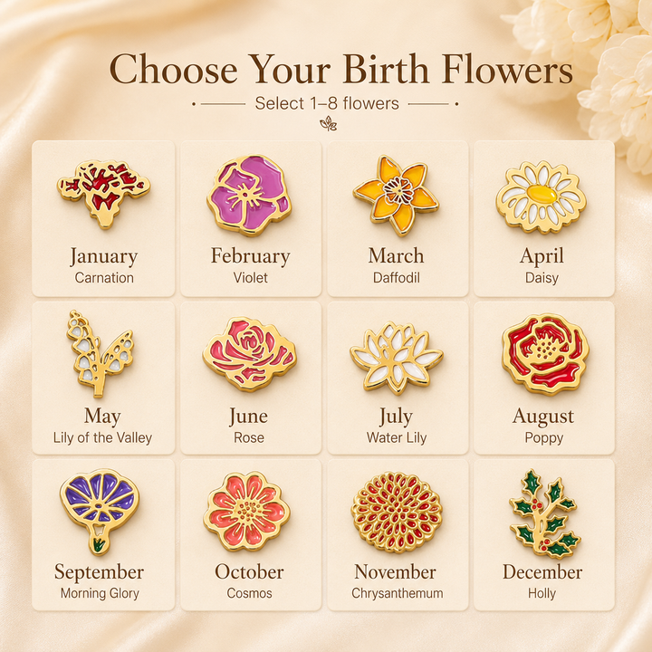 Personalized Birth Flower Bracelet for Mom – Custom Family Flower Bracelet with 1–8 Flowers