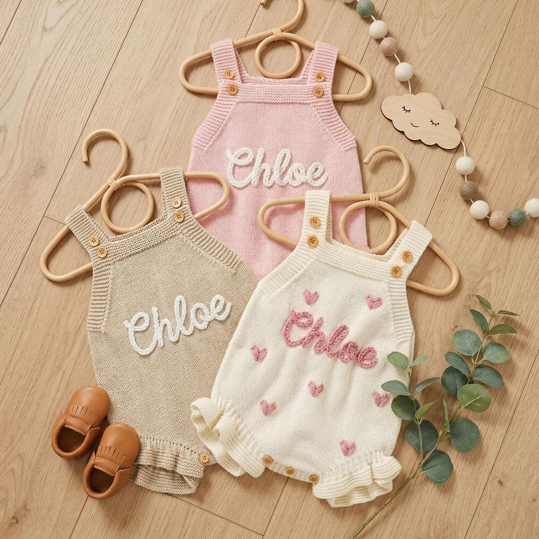 Personalized Hand-Embroidered Knit Baby Romper – Custom Name Baby Girl Outfit