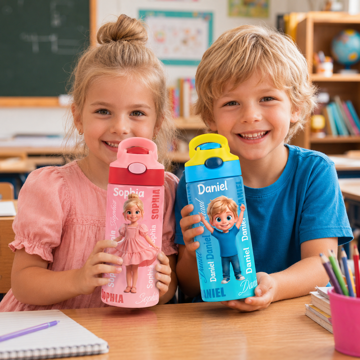 Personalized Cartoon Kids Water Bottle – Custom Name 16oz School Bottle