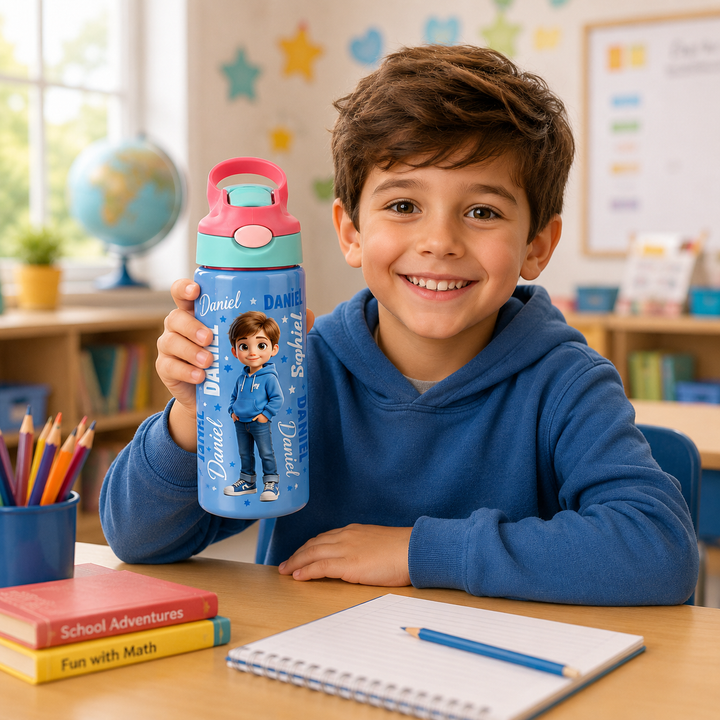 Personalized Cartoon Kids Water Bottle – Custom Name 16oz School Bottle