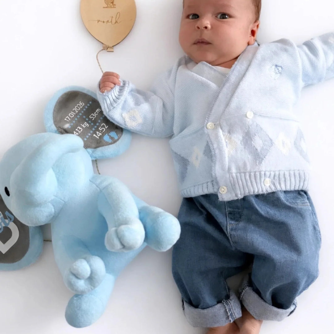 Personalized Baby Elephant Plush – Custom Newborn Birth Details Keepsake Gift