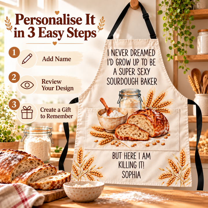 🍞 Personalised Sourdough Baker Apron with Pocket – Custom Name Funny Baking Gift