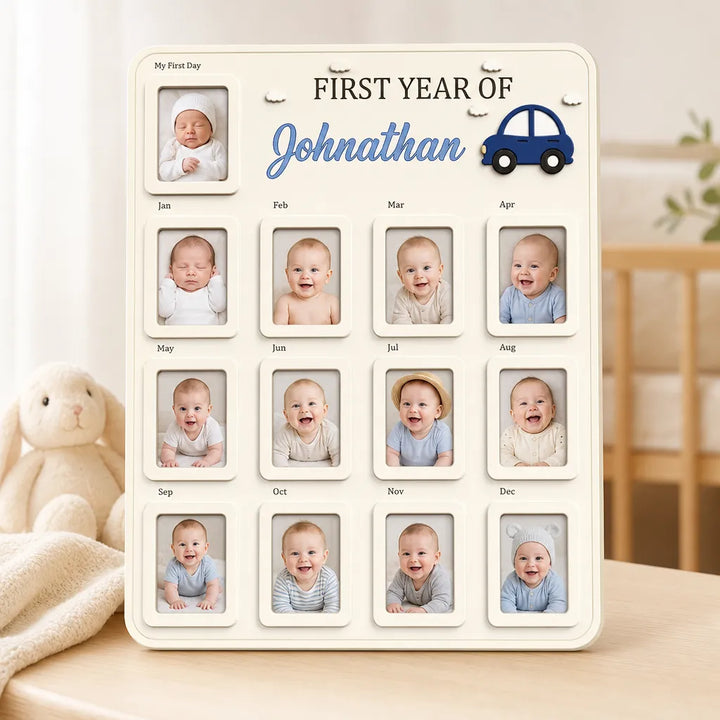 Little Blue Car – Personalized Baby’s First Year Photo Frame
