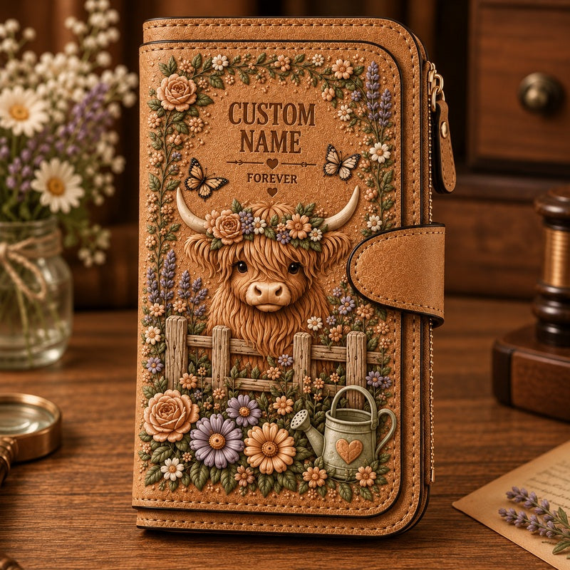 Brown personalized garden wallet - Highland Cow