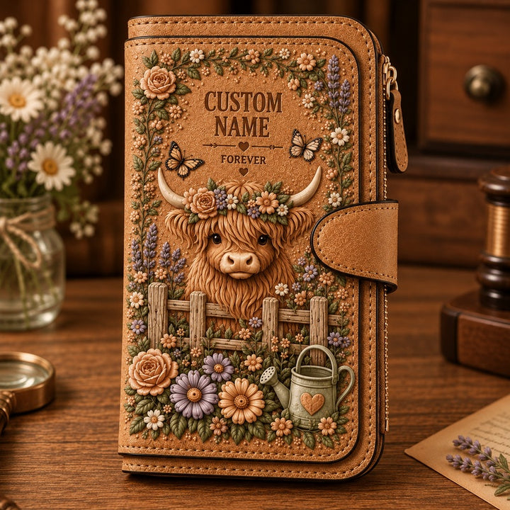 Brown personalized garden wallet - Highland Cow