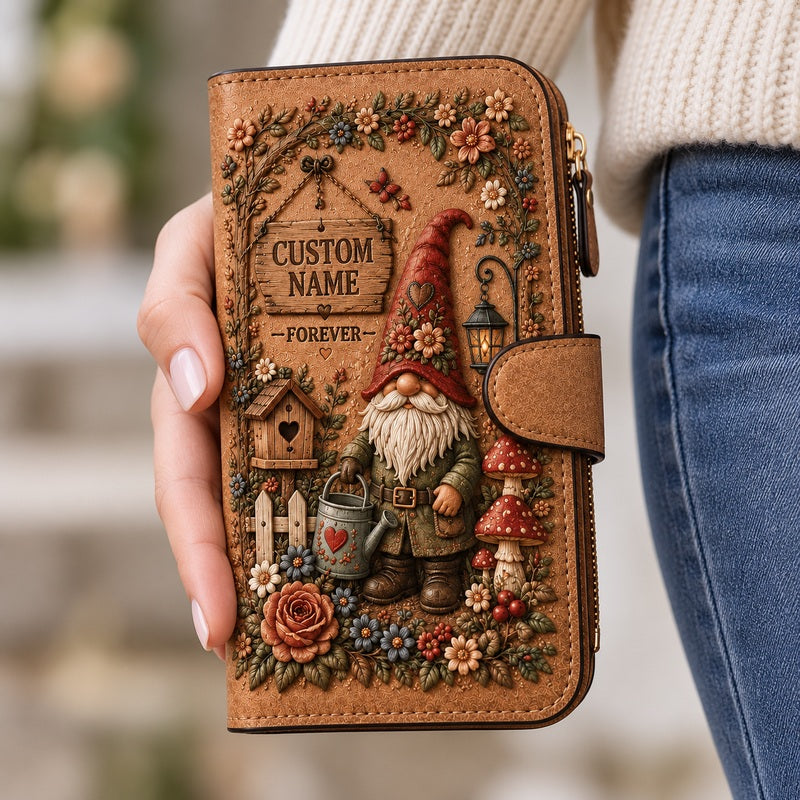 Brown personalized garden wallet - Garden Gnome In Use