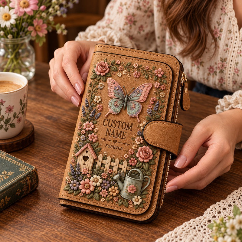 Brown personalized garden wallet - Butterfly On Table