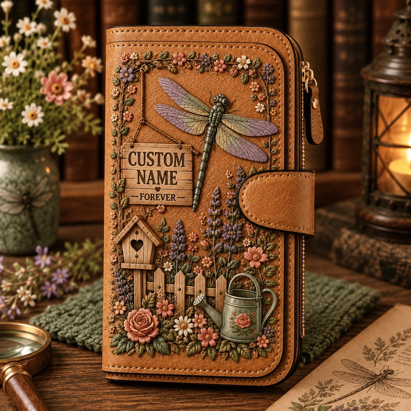 Brown personalized garden wallet - Dragonfly