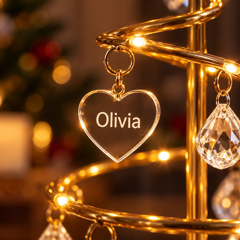 Personalized family name illuminated Christmas tree — transparent name charm detail