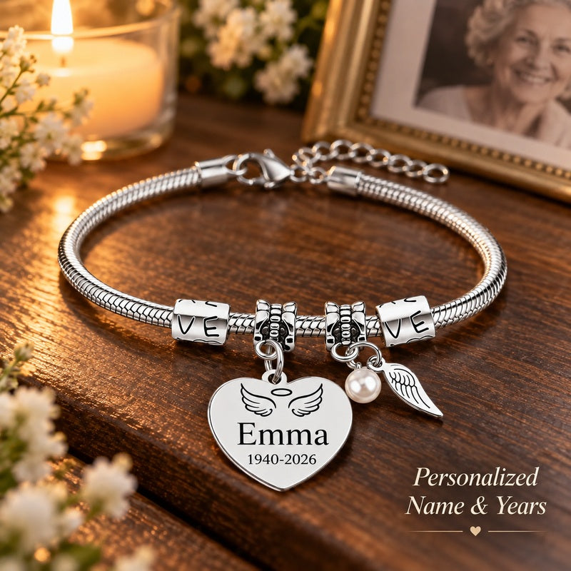 Personalized pearl wings memorial bracelet — personalized name and years
