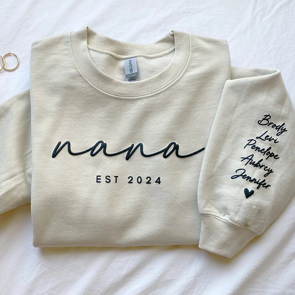 Custom Puff Print Sweatshirt Est Year with Kids Names on Sleeve - Canvasgiftco