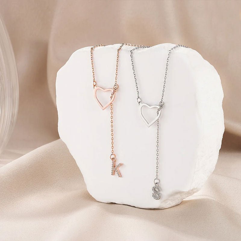 Customized Personalized Heart Lasso Necklace - Inlaid Zirconia Letters - Canvasgiftco