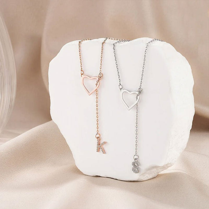 Customized Personalized Heart Lasso Necklace - Inlaid Zirconia Letters - Canvasgiftco