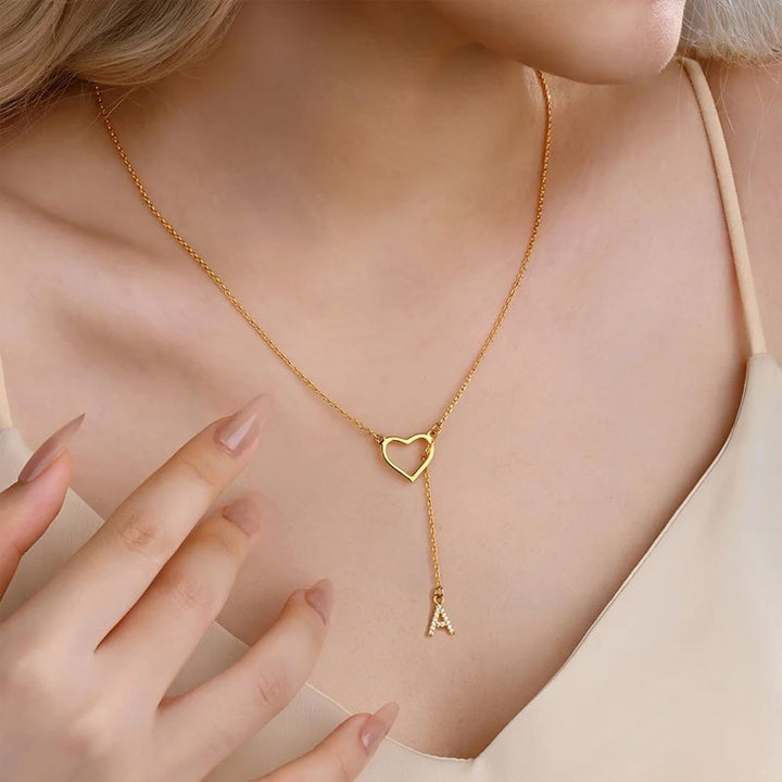 Customized Personalized Heart Lasso Necklace - Inlaid Zirconia Letters - Canvasgiftco