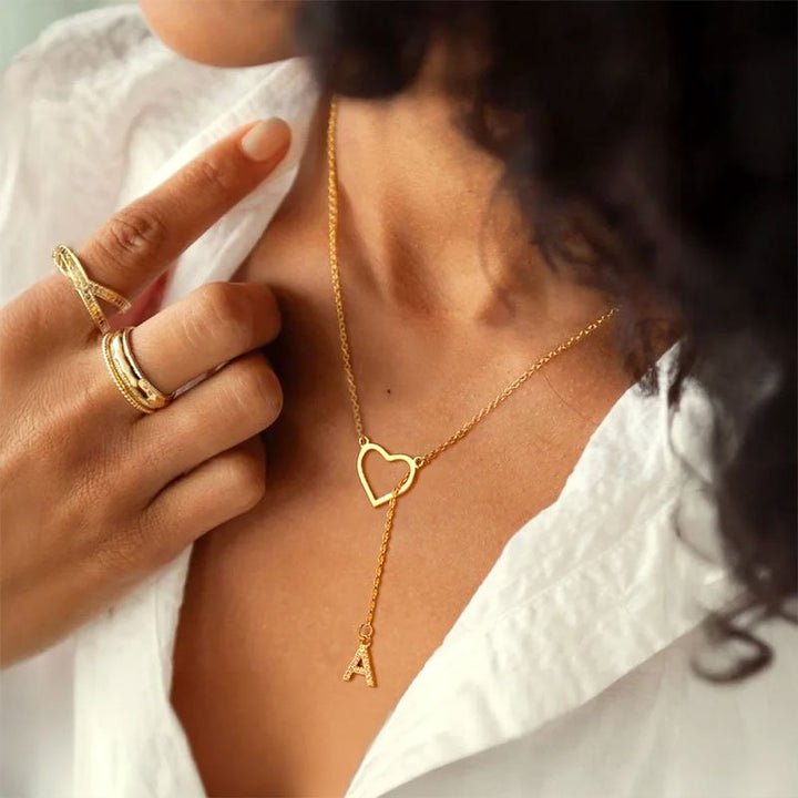 Customized Personalized Heart Lasso Necklace - Inlaid Zirconia Letters - Canvasgiftco