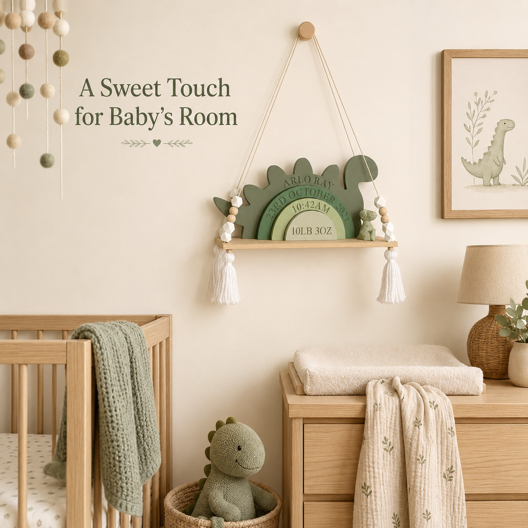 Personalized Dinosaur Birth Stats Wooden Stack – Custom Baby Name, Date, Time & Weight Keepsake Nursery Decor