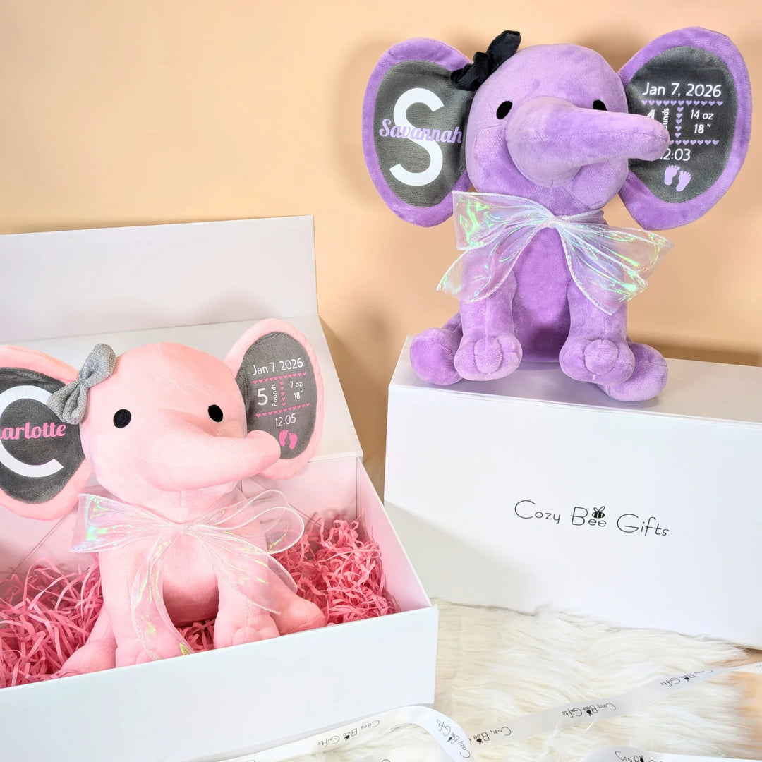 Personalized Baby Elephant Plush – Custom Newborn Birth Details Keepsake Gift
