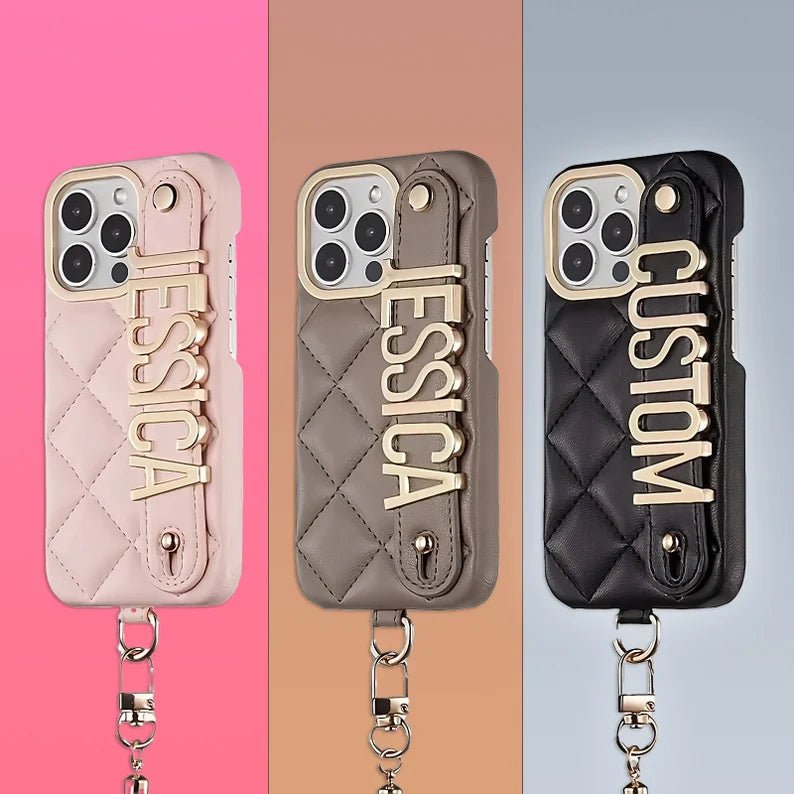 For iPhone - Personalized Letter Rhombus Bread Leather Lanyard Phone Case - Canvasgiftco